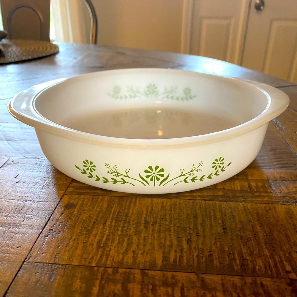 Vintage Glasbake Green Daisy Milk Glass 8 inch Round Pan